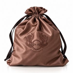 Custom Embroidered Chocolate Brown Taffeta Silk Drawstring Bag