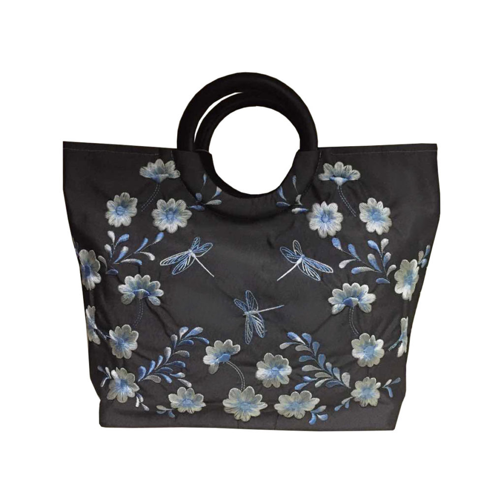 Slate Grey Dragonfly & Flower Embroidered Silk Fashion Tote Bag ...