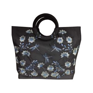 Dragonfly & flower motive embroidered slate grey silk fashion bag