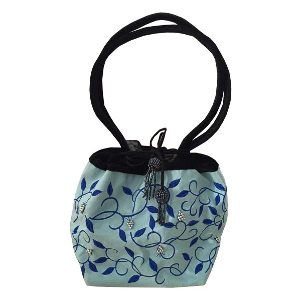 Embroidered taffeta evening bag in light blue