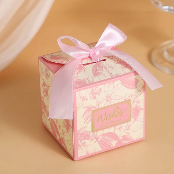 Pink printed flower wedding favor box with bow