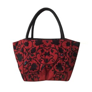 Red embroidered silk handbag