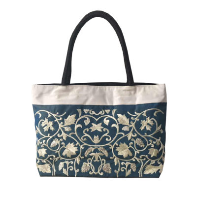 Medium Blue Silk Shoulder Bag With Embroidery & Shoulder Handles ...