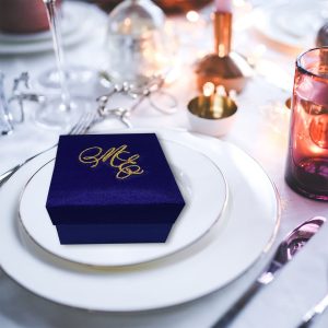 Personalized silk favor box for wedding with monogram embroidery