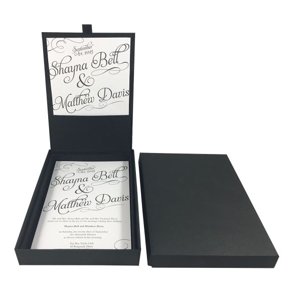 Luxury black embroidered wedding box & matching black mailing box