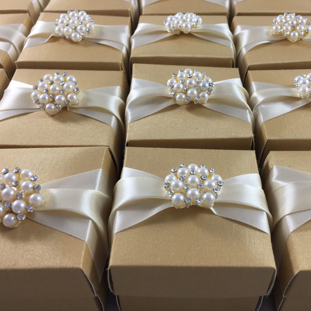 Golden Wedding Favour Box With Cream Ribbon Featuring Pearl Brooch ...