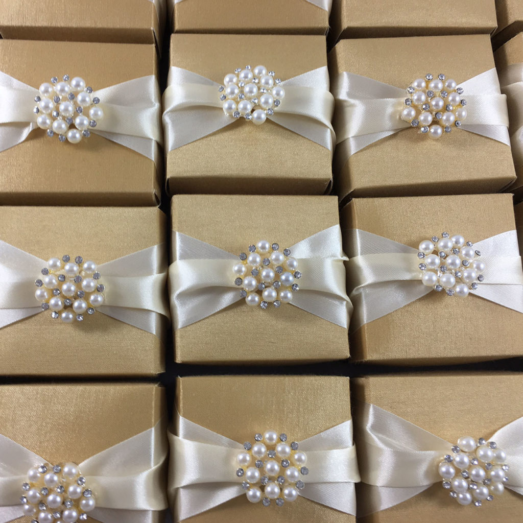 Golden Wedding Favour Box With Cream Ribbon Featuring Pearl Brooch ...