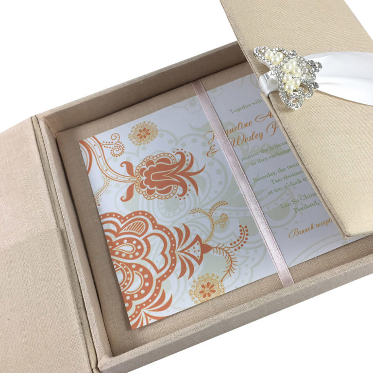 Large Hand Crafted Linen Box For Wedding Invitation Cards With Pocket