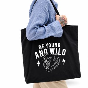 Oversized black cotton canvas tote bag with custom white DTF print
