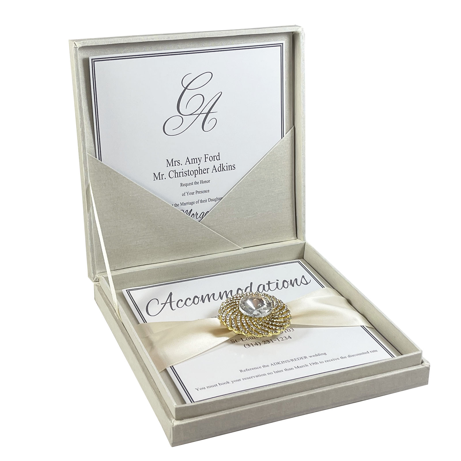 Boxed wedding invitation, ivory with rhinestone brooch