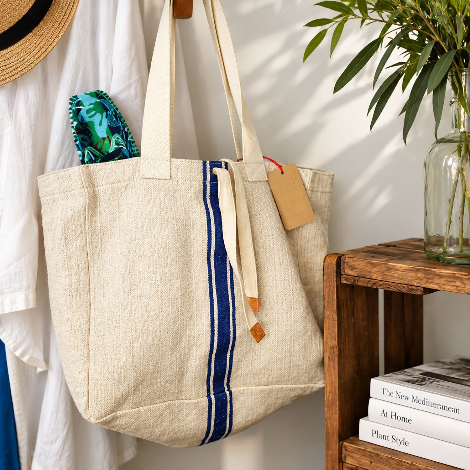stripe printed natural hemp tote bag