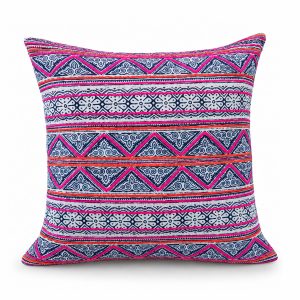 Handmade Hmong batik cotton cushion cover with vibrant pink, coral orange, indigo blue, and white geometric patterns.