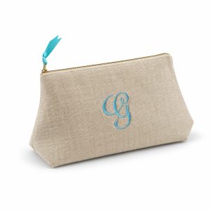 atural cotton cosmetic bag with turquoise embroidered monogram and matching ribbon zipper pull