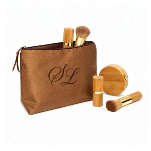 Monogram embroidered chocolate brown Thai silk cosmetic bag
