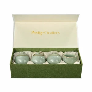 forest green and cream Thai silk ceramic tea set packaging box