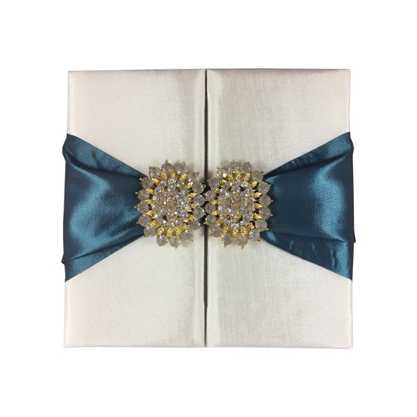 Ivory and teal luxury wedding invitation folder with brooch