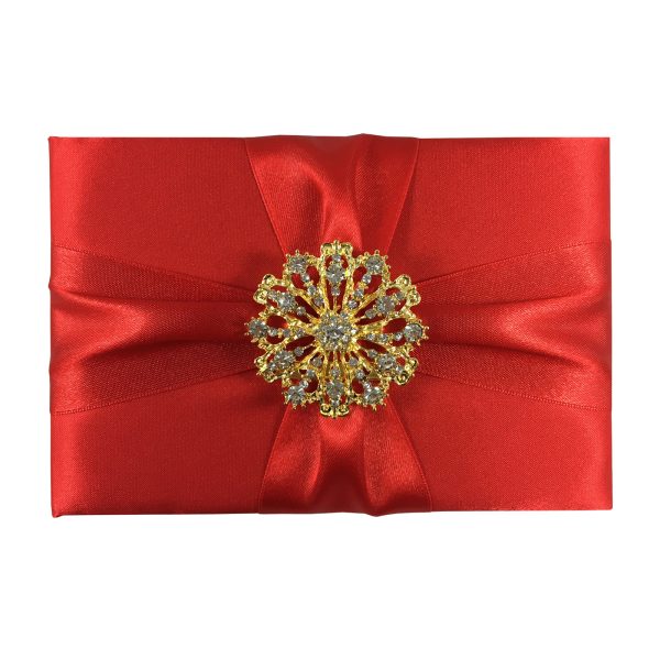 Luxury red silk folder with crystal brooch for luxury wedding and formal event invitations