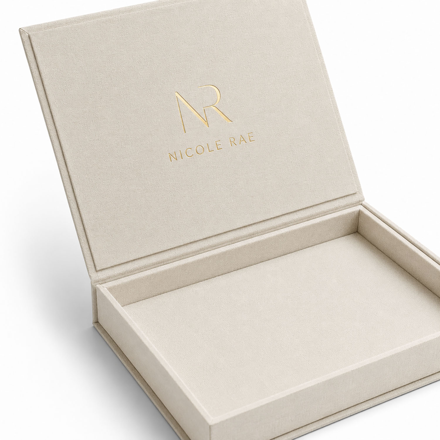 Handmade gold foil stamped linen box for presentation and wedding