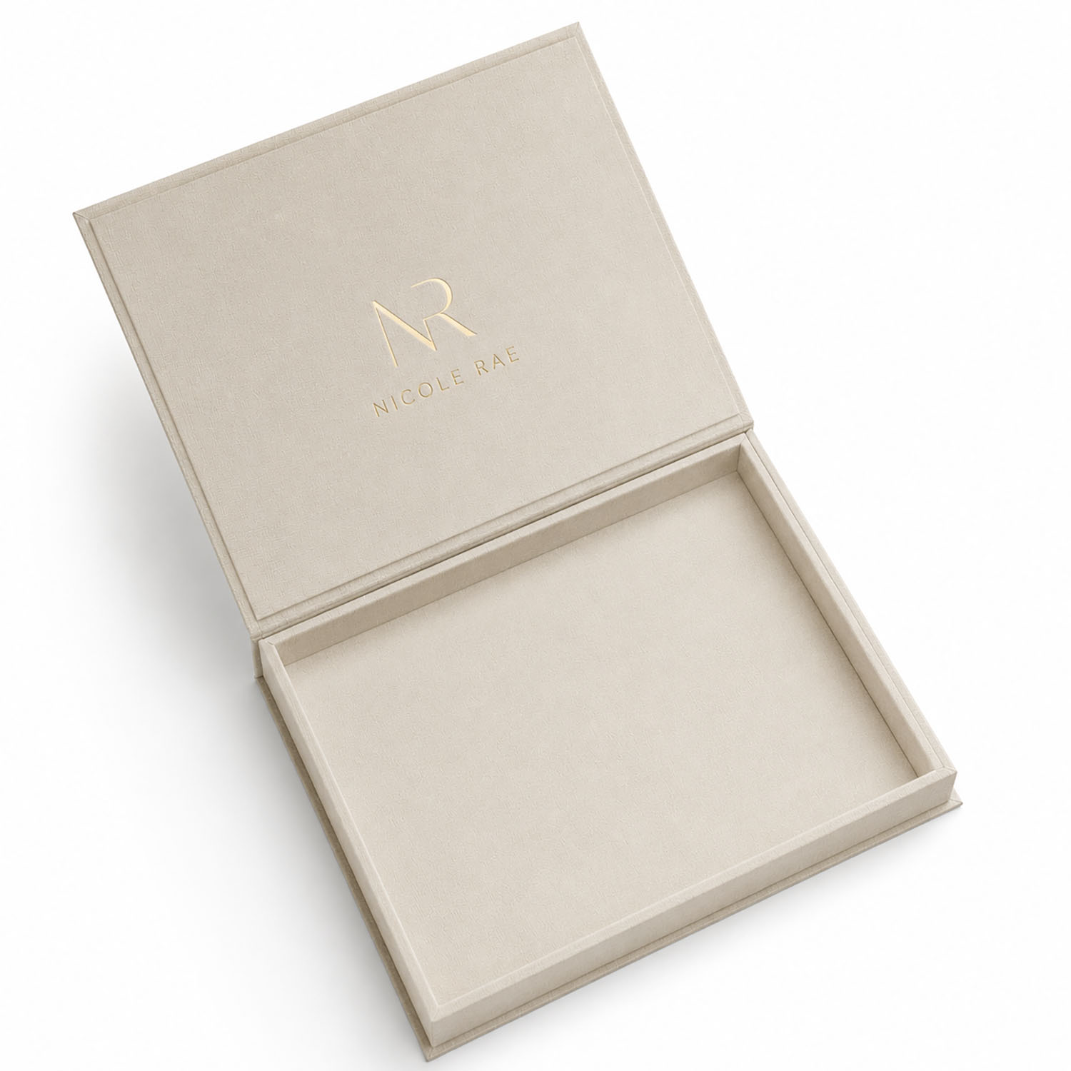 Natural linen box with gold foil stamped logo