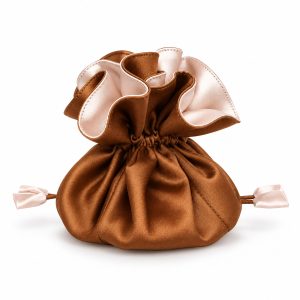 Bronze brown silk jewelry pouch with cream ruffled trim and drawstring closure, handmade in Thailand