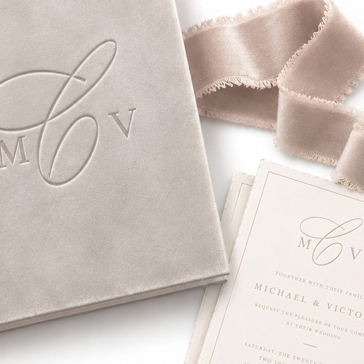 Luxury off-white velvet wedding invitation folio with personalized monogram
