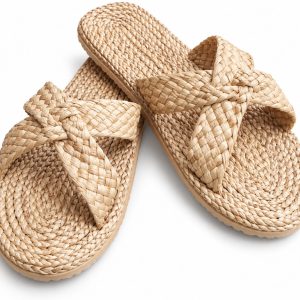 Handmade water hyacinth slippers from Thailand with natural woven straps and footbed