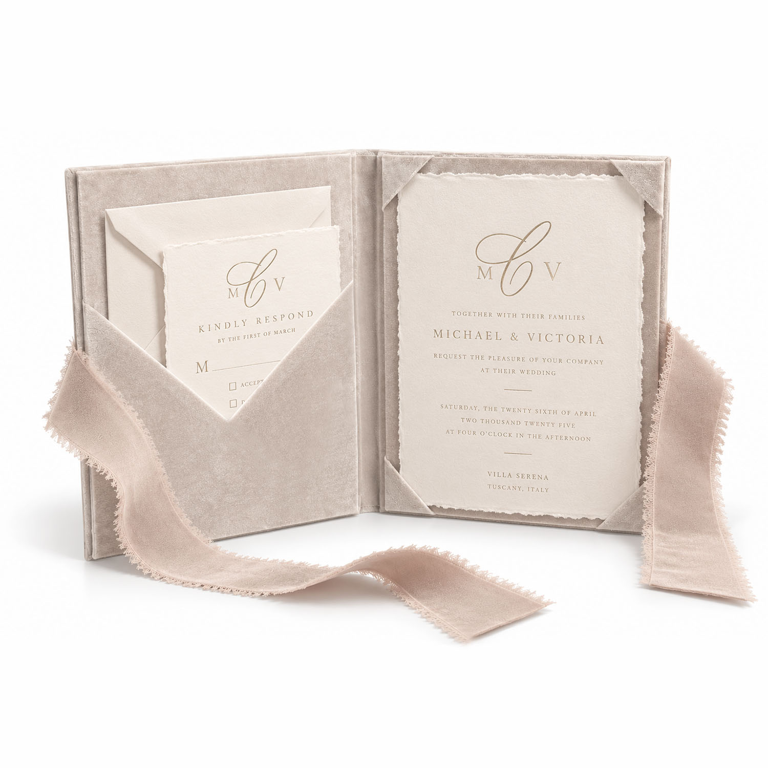 Open velvet folio wedding invitation with card and enclosure pocket