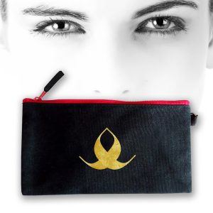 Black cosmetic bag with gold logo