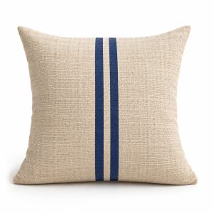 Natural beige hemp cushion cover with two navy blue printed stripes in vintage grain sack style