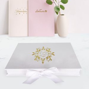 wedding box with gold foil stamped monogram