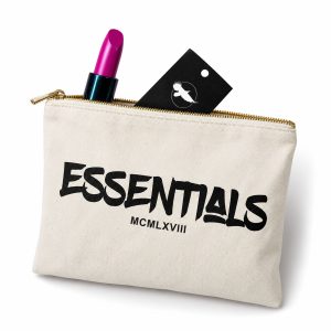 Custom natural canvas cosmetic bag with black printed logo and gold YKK zipper
