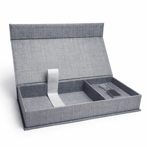Grey linen photo storage box with USB holder