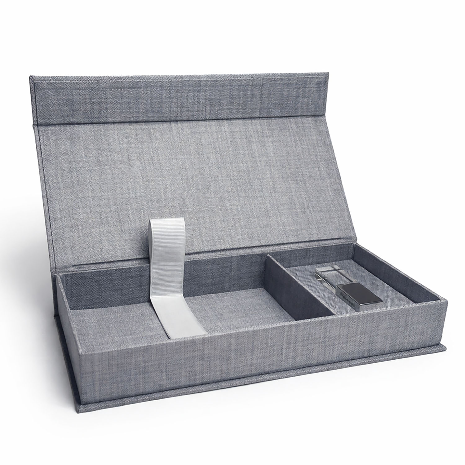 Grey linen photo storage box with USB holder