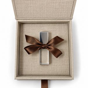 Oatmeal linen USB box with crystal glass flash drive and brown satin ribbon for wedding photographers