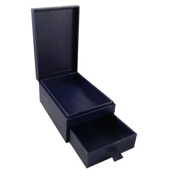 Navy blue hinged lid linen paper drawer box