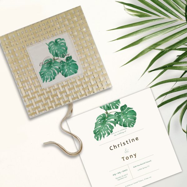 Tropical beach wedding invitation box with linen and bamboo