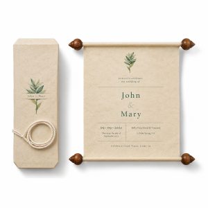 Handmade vintage wedding scroll invitation with mulberry paper and wooden rods