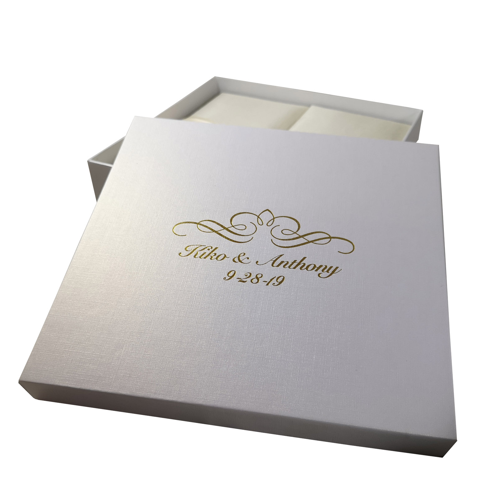 pearl white box with gold foil stamp