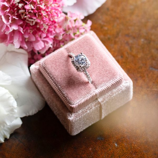 Pink velvet engagement ring box