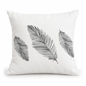 White printed cotton cushion cover with black feather design, handmade from 100% cotton in Thailand.