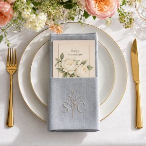 Monogram Embroidered Grey Linen Napkins For Anniversary