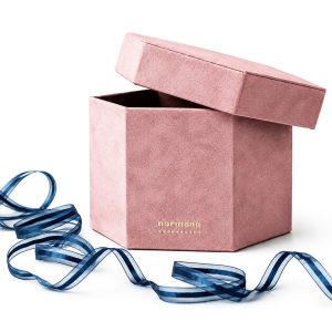 Custom gold foil logo stamped hexagon shape suede gift box