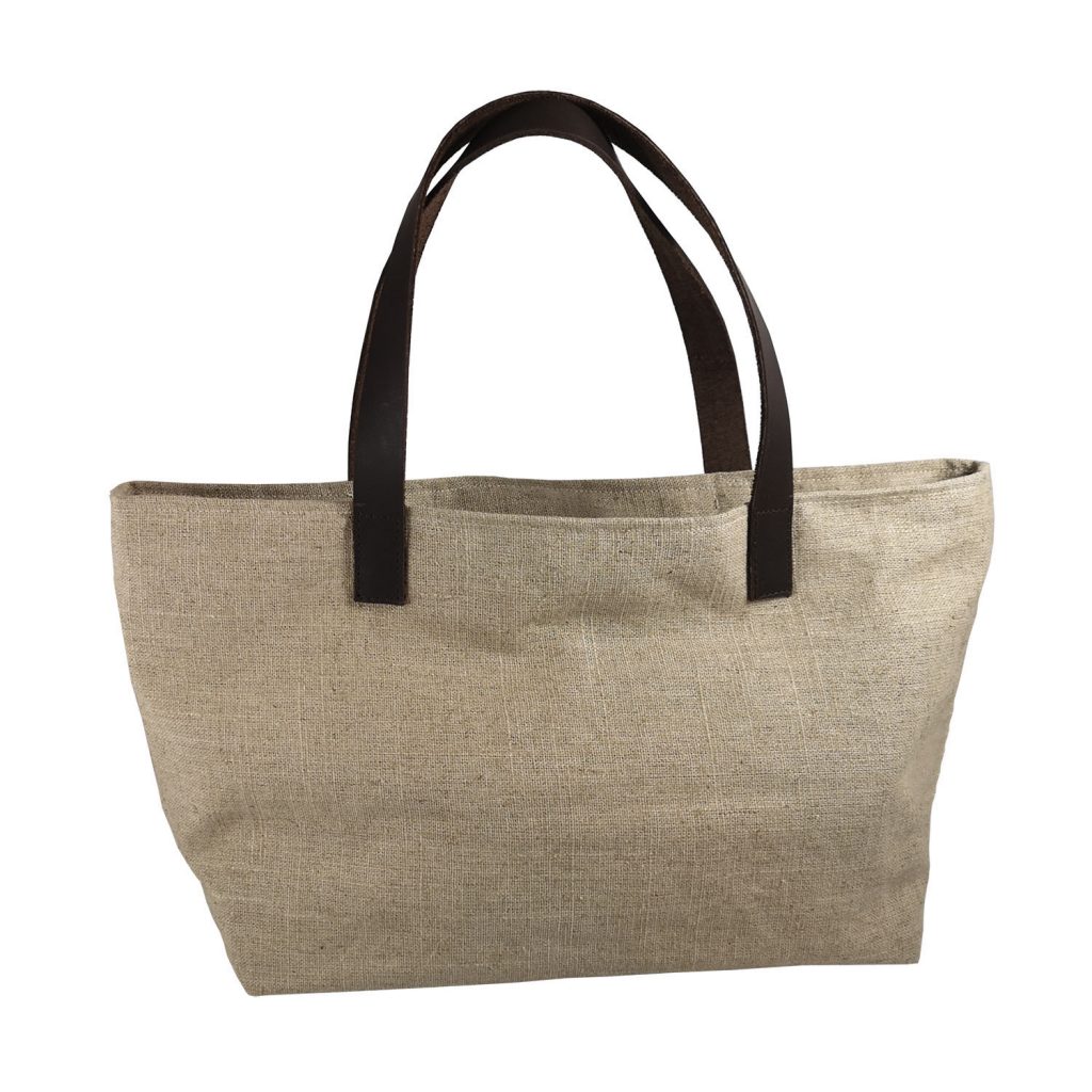 Small Hemp Handbag With Cow Leather Handles
