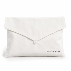 Luxury white cotton twill envelope dust bag with custom printed logo, handmade in Thailand for premium lingerie, jewelry and retail packaging.