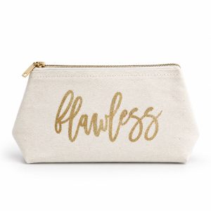Beige cotton canvas cosmetic bag with metallic gold silk-screen printed logo and gold zipper