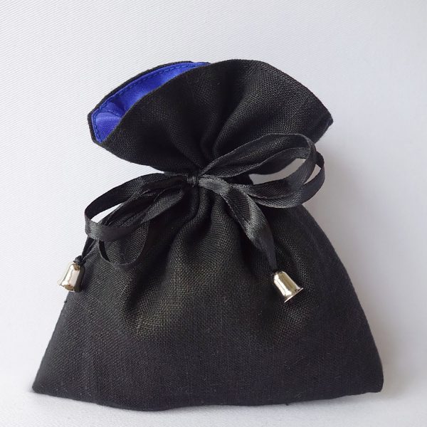 Black linen bag with drawstring closure