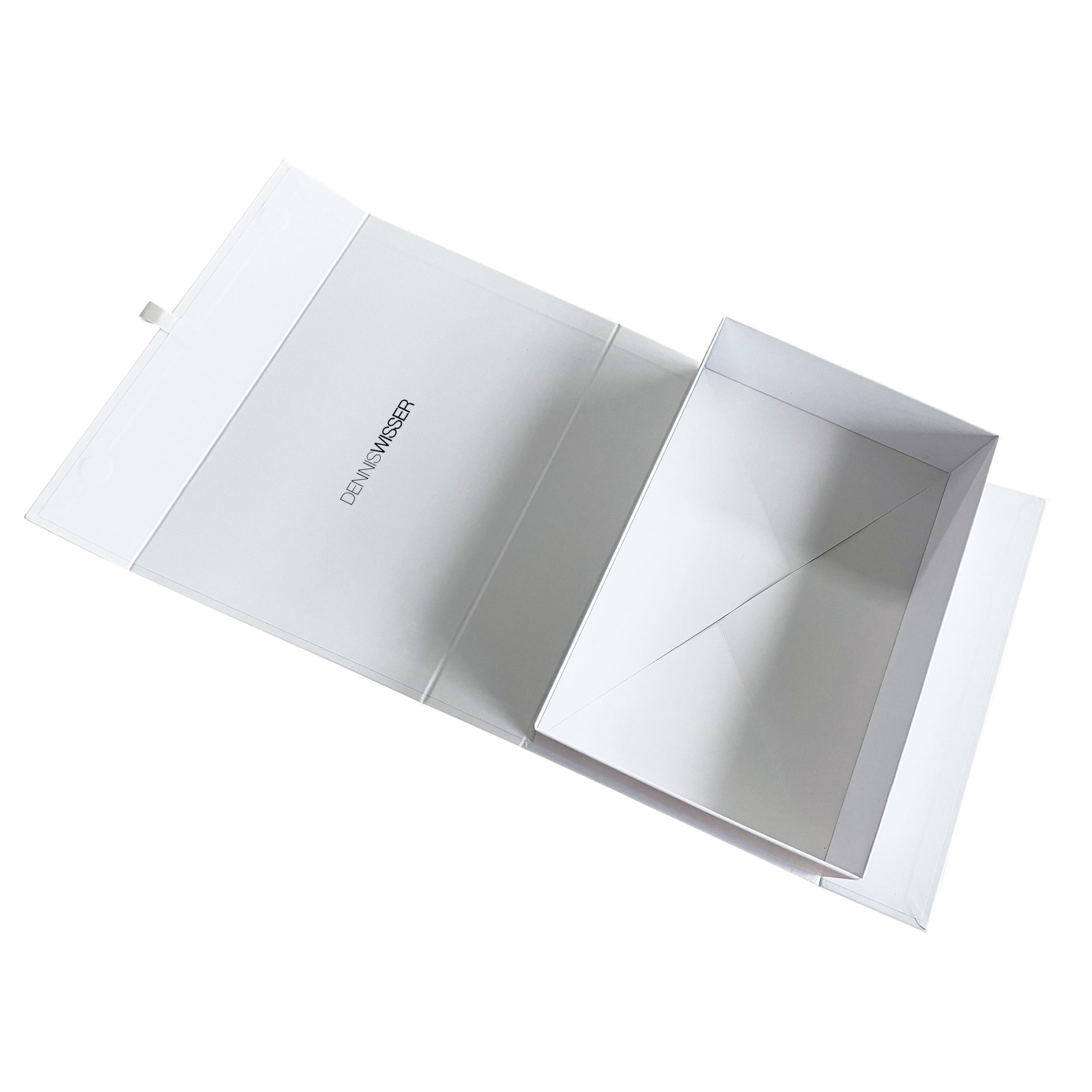 White folding box with black logo print