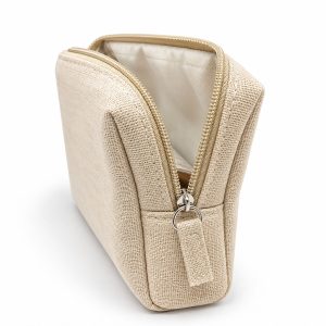Natural beige cotton cosmetic bag with rustic oatmeal woven texture, zipper closure and custom wholesale branding.