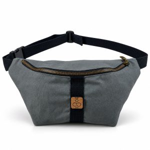 Grey canvas fanny pack with adjustable cotton strap