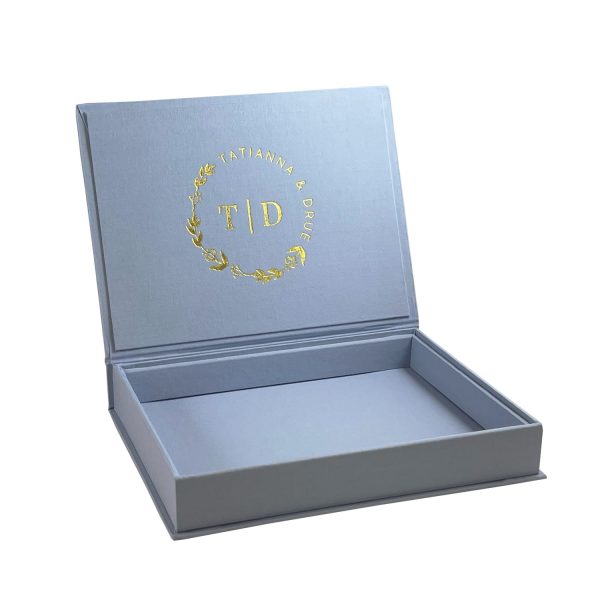 Floral crest foil stamped linen box for invitation cards